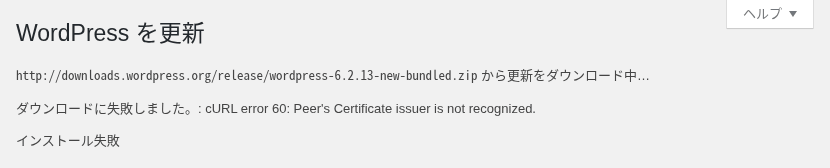 更新を押すと cURL error 60 でダウンロードに失敗する（WordPress 4.9.8）