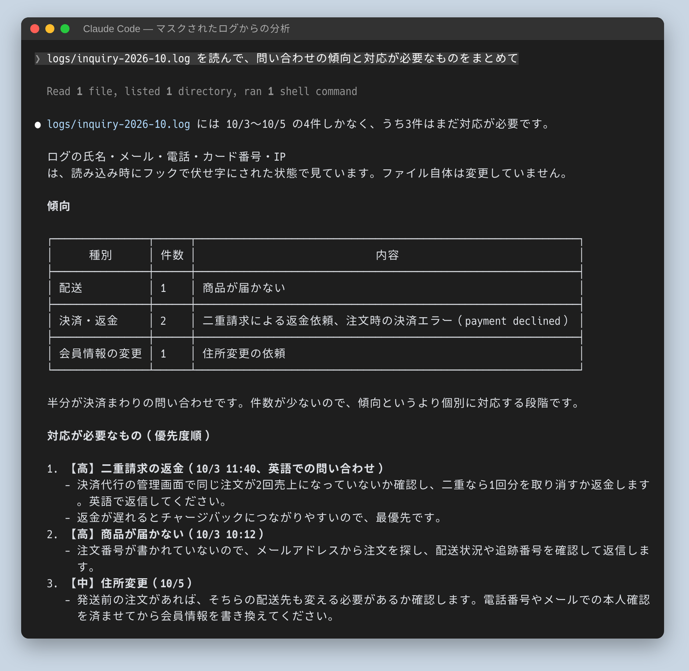 マスクされたログから、Claude Code が問い合わせの傾向と対応が必要なものをまとめたところ